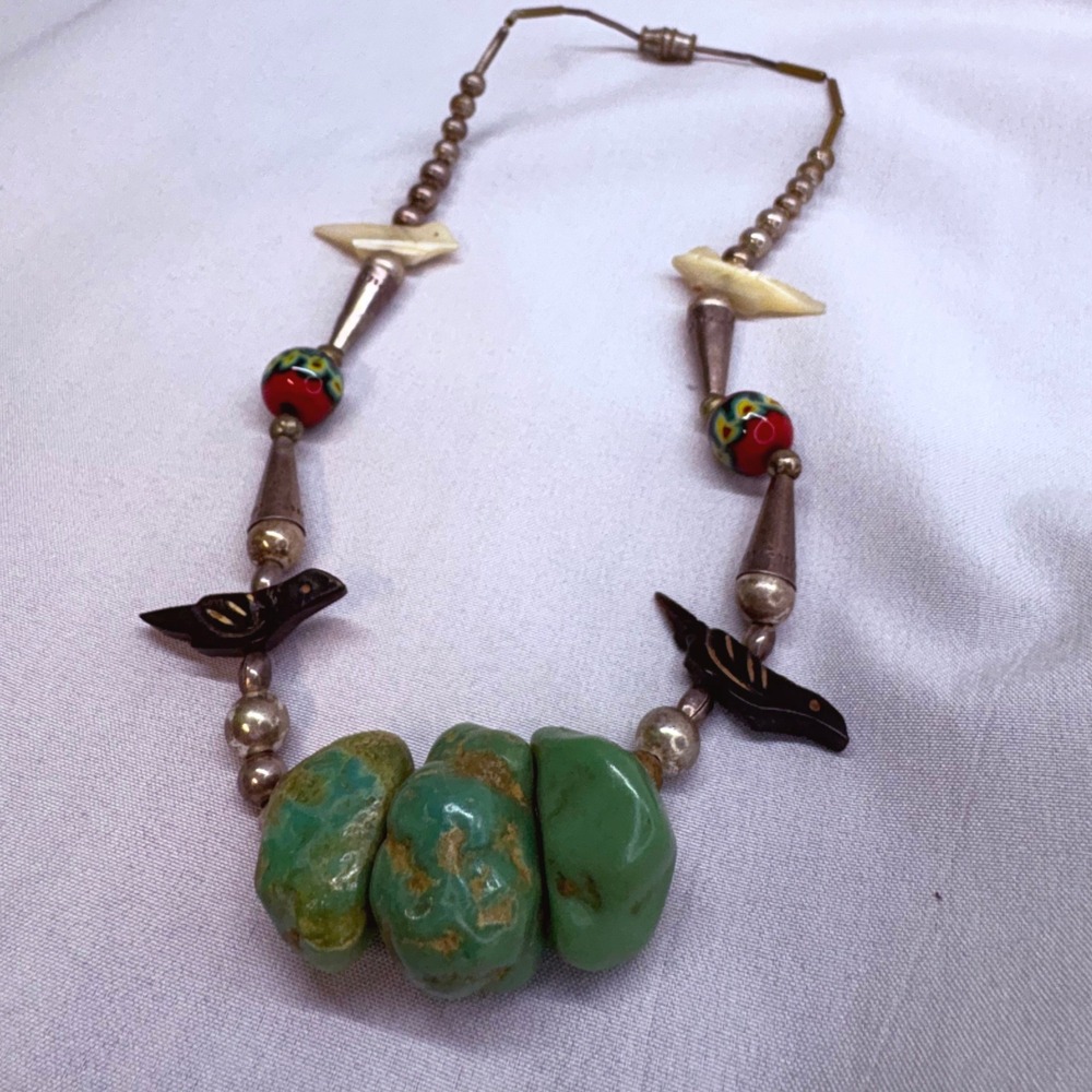 Turquoise Fetish Necklace Unisex 14in Green Good Bird Millefiori Bead - Picture 8 of 8